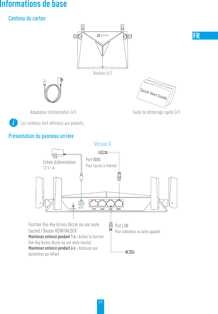 11Informations de baseContenu du cartonRouteur (x1)Adaptateur d’alimentation (x1) Guide de démarrage rapide (x1)Les contenus font référence aux produits. Présentation du panneau arrièreVersion AIPCACCESSEntrée d’alimentation 12 V 1 AFonction One-Key Access (Accès via une seule touche) / Bouton RÉINITIALISERMaintenez enfoncé pendant 1 s : Activez la fonction One-Key Access (Accès via une seule touche).Maintenez enfoncé pendant 6 s : Restaurez aux paramètres par défautPort WANPour l’accès à InternetPort LANPour ordinateur ou autre appareil 