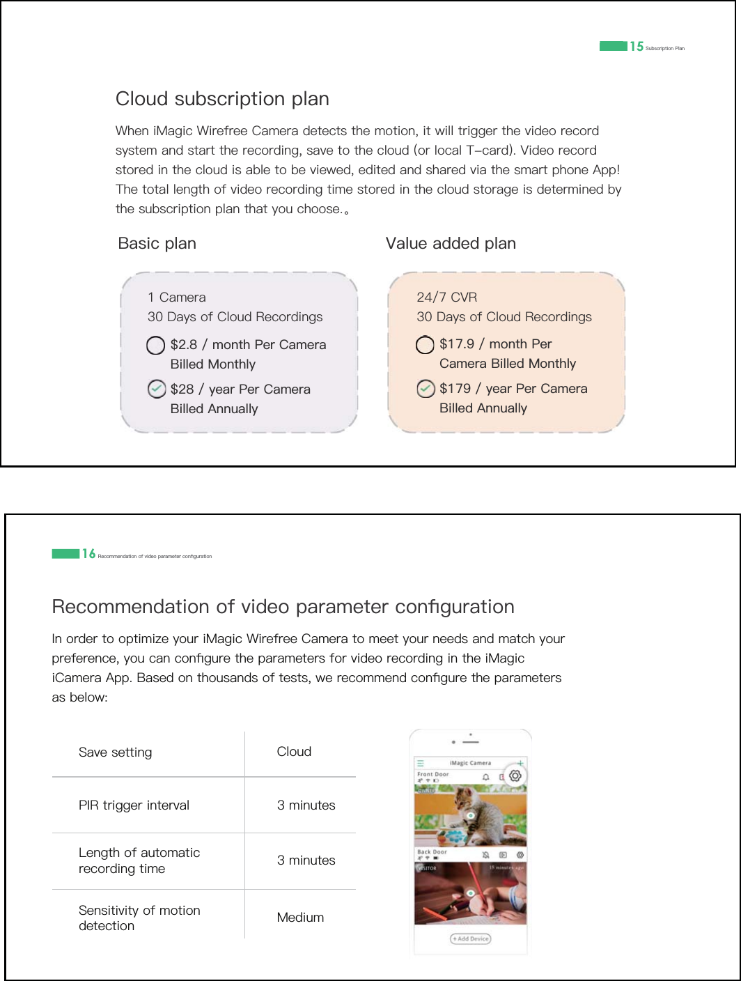 15 6XEVFULSWLRQ3ODQ&amp;ORXGVXEVFULSWLRQSODQ:KHQL0DJLF:LUHIUHH&amp;DPHUDGHWHFWVWKHPRWLRQLWZLOOWULJJHUWKHYLGHRUHFRUGV\VWHPDQGVWDUWWKHUHFRUGLQJVDYHWRWKHFORXGRUORFDO7FDUG9LGHRUHFRUGVWRUHGLQWKHFORXGLVDEOHWREHYLHZHGHGLWHGDQGVKDUHGYLDWKHVPDUWSKRQH$SS7KHWRWDOOHQJWKRIYLGHRUHFRUGLQJWLPHVWRUHGLQWKHFORXGVWRUDJHLVGHWHUPLQHGE\WKHVXEVFULSWLRQSODQWKDW\RXFKRRVH̶%DVLFSODQ 9DOXHDGGHGSODQ&amp;DPHUD'D\VRI&amp;ORXG5HFRUGLQJVPRQWK3HU&amp;DPHUD%LOOHG0RQWKO\\HDU3HU&amp;DPHUD%LOOHG$QQXDOO\&amp;95'D\VRI&amp;ORXG5HFRUGLQJVPRQWK3HU&amp;DPHUD%LOOHG0RQWKO\\HDU3HU&amp;DPHUD%LOOHG$QQXDOO\16 5HFRPPHQGDWLRQRIYLGHRSDUDPHWHUFRQƉJXUDWLRQ5HFRPPHQGDWLRQRIYLGHRSDUDPHWHUFRQƉJXUDWLRQ,QRUGHUWRRSWLPL]H\RXUL0DJLF:LUHIUHH&amp;DPHUDWRPHHW\RXUQHHGVDQGPDWFK\RXUSUHIHUHQFH\RXFDQFRQƉJXUHWKHSDUDPHWHUVIRUYLGHRUHFRUGLQJLQWKHL0DJLFL&amp;DPHUD$SS%DVHGRQWKRXVDQGVRIWHVWVZHUHFRPPHQGFRQƉJXUHWKHSDUDPHWHUVDVEHORZ6DYHVHWWLQJ &amp;ORXG3,5WULJJHULQWHUYDO PLQXWHV/HQJWKRIDXWRPDWLFUHFRUGLQJWLPH6HQVLWLYLW\RIPRWLRQGHWHFWLRQPLQXWHV0HGLXP