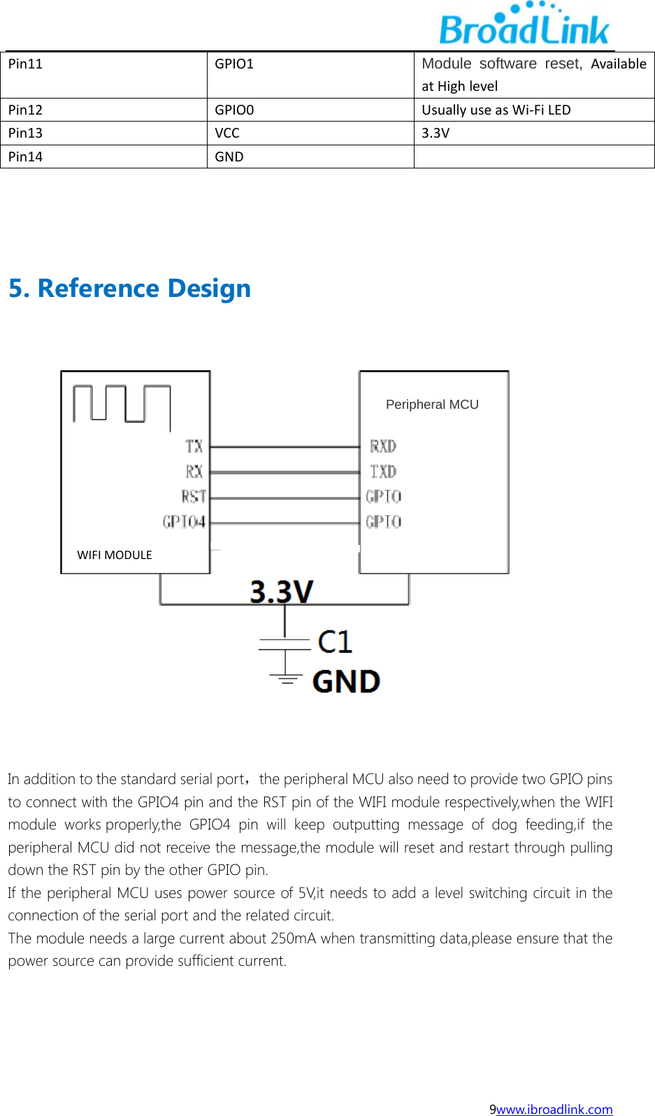  9www.ibroadlink.com Pin11GPIO1Module software reset,AvailableatHighlevelPin12GPIO0UsuallyuseasWi‐FiLEDPin13VCC3.3VPin14GND  5. Reference Design   In addition to the standard serial port，the peripheral MCU also need to provide two GPIO pins to connect with the GPIO4 pin and the RST pin of the WIFI module respectively,when the WIFI module works properly,the GPIO4 pin will keep outputting message of dog feeding,if the peripheral MCU did not receive the message,the module will reset and restart through pulling down the RST pin by the other GPIO pin. If the peripheral MCU uses power source of 5V,it needs to add a level switching circuit in the connection of the serial port and the related circuit. The module needs a large current about 250mA when transmitting data,please ensure that the power source can provide sufficient current.   WIFIMODULEPeripheral MCU