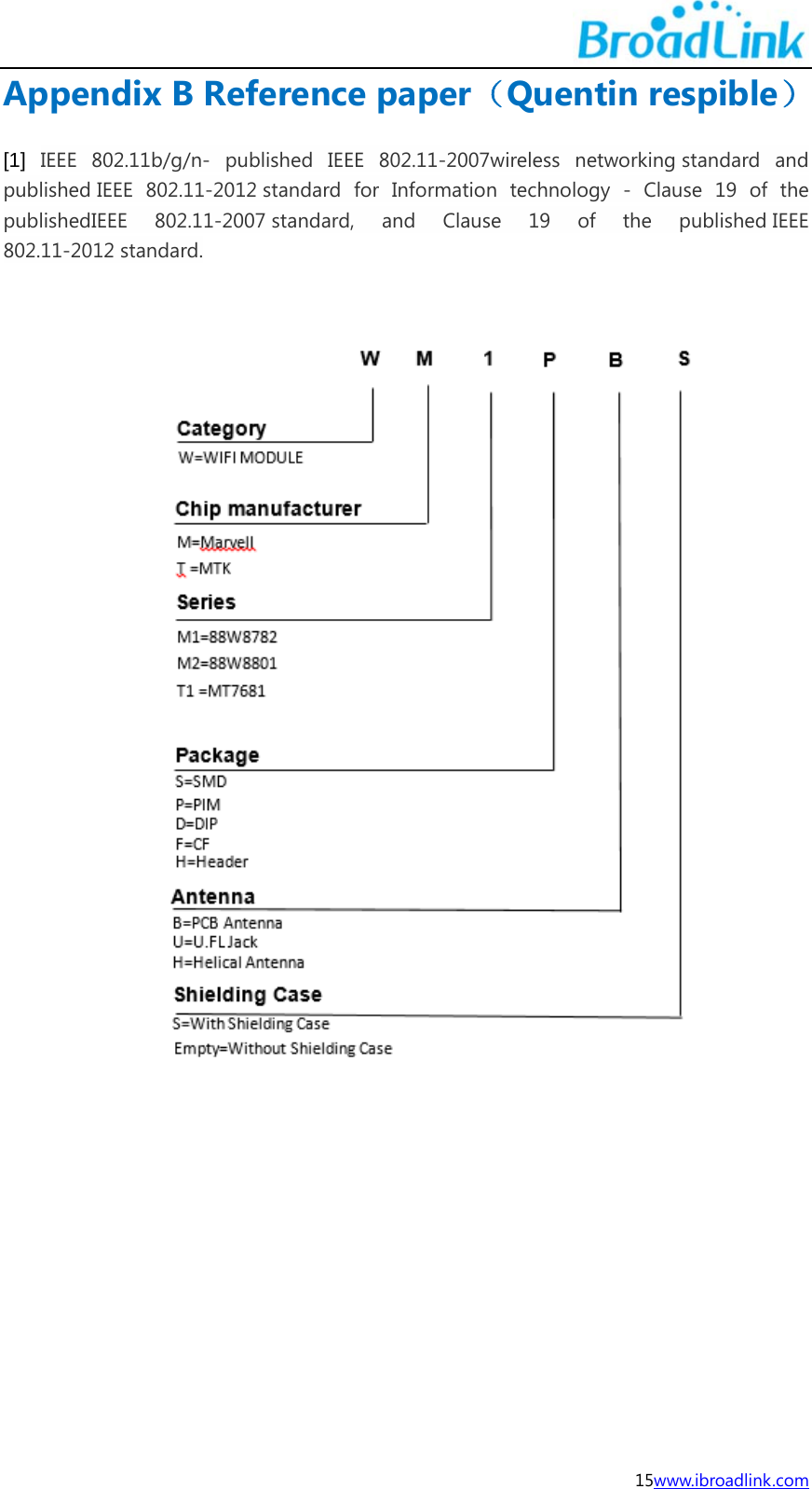  15www.ibroadlink.com Appendix B Reference paper（Quentin respible） [1]  IEEE 802.11b/g/n- published IEEE 802.11-2007wireless networking standard and published IEEE 802.11-2012 standard for Information technology - Clause 19 of the publishedIEEE 802.11-2007 standard, and Clause 19 of the published IEEE 802.11-2012 standard. 