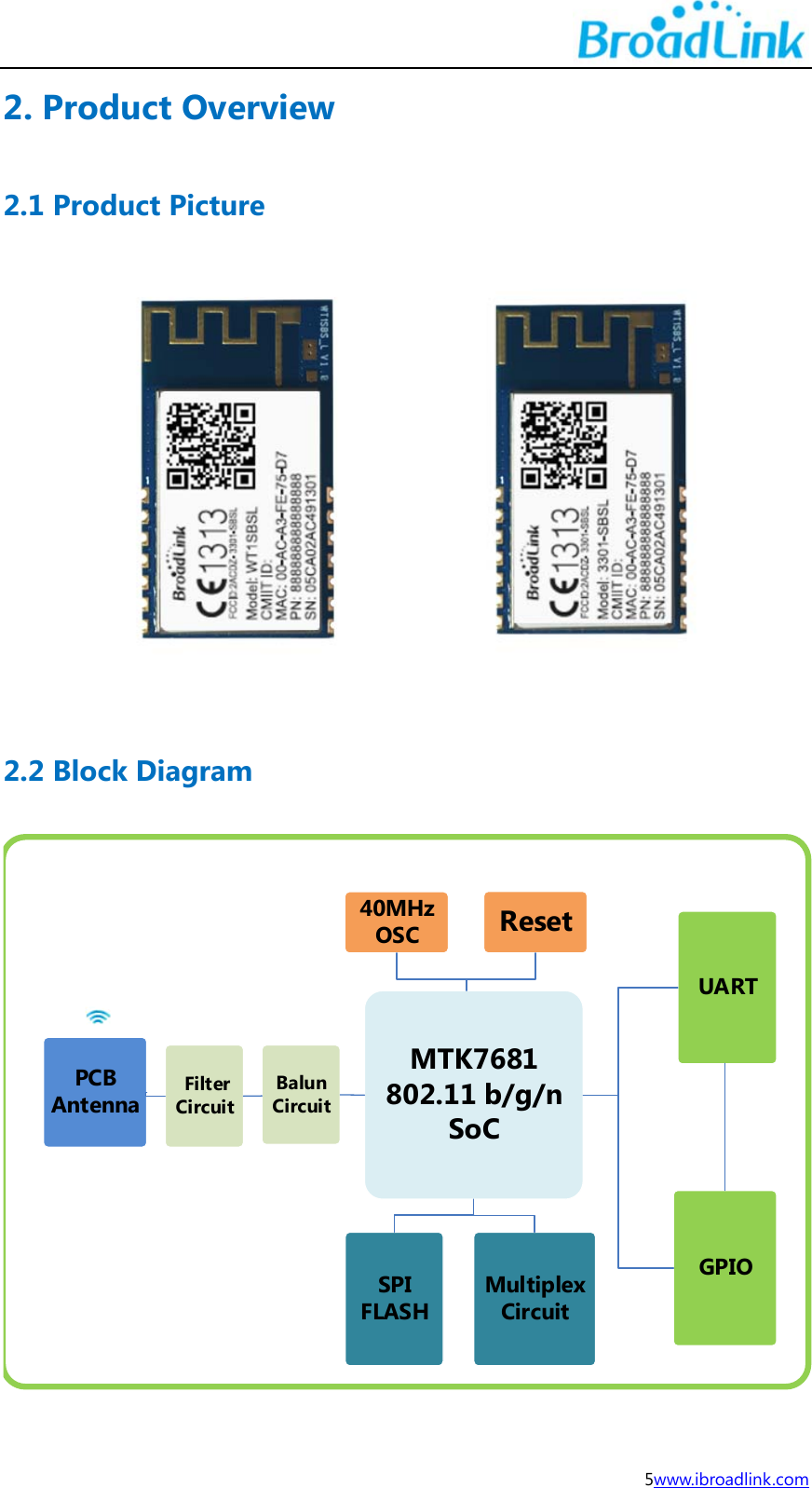  5www.ibroadlink.com 2. Product Overview   2.1 Product Picture     2.2 Block Diagram MTK7681802.11 b/g/nSoCSPI FLASHBalun Circuit40MHz OSCResetMultiplex CircuitUART Filter CircuitPCBAntennaGPIO 