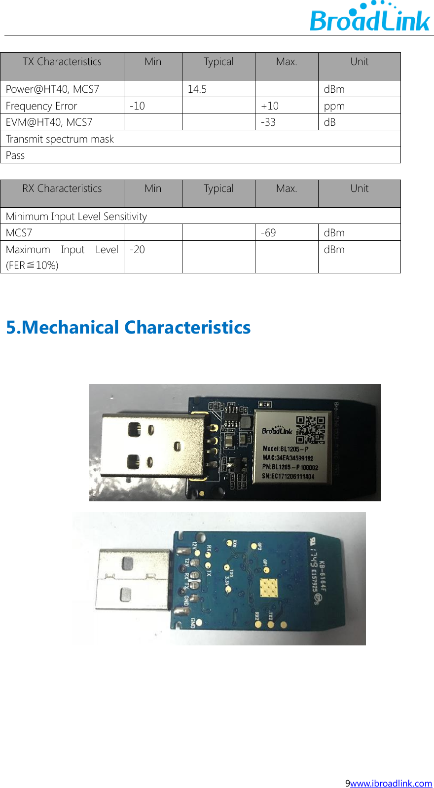  9www.ibroadlink.com  TX Characteristics Min Typical Max. Unit Power@HT40, MCS7  14.5  dBm Frequency Error -10  +10 ppm EVM@HT40, MCS7   -33 dB Transmit spectrum mask   Pass  RX Characteristics Min Typical Max. Unit Minimum Input Level Sensitivity   MCS7   -69 dBm Maximum  Input  Level (FER≦10%) -20   dBm  5.Mechanical Characteristics         