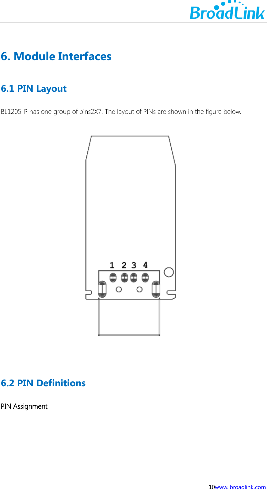  10www.ibroadlink.com              6. Module Interfaces 6.1 PIN Layout BL1205-P has one group of pins2X7. The layout of PINs are shown in the figure below.   6.2 PIN Definitions PIN Assignment   