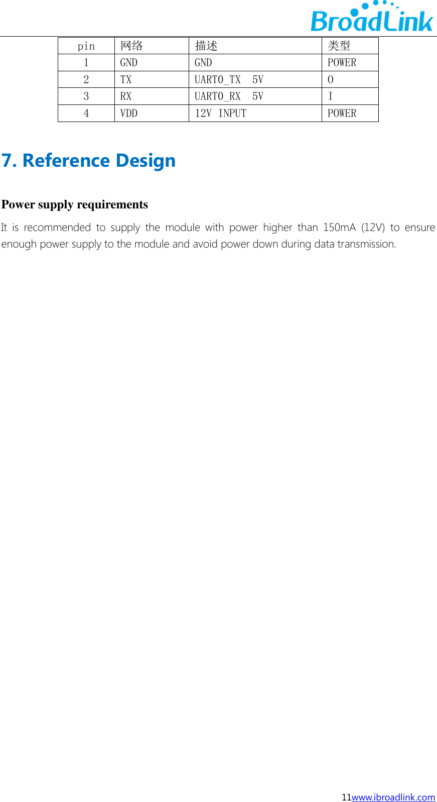 11www.ibroadlink.com pin 网络 描述 类型 1 GND GND POWER 2 TX UART0_TX  5V O 3 RX UART0_RX  5V I 4 VDD 12V INPUT POWER 7. Reference Design Power supply requirements It  is  recommended  to  supply  the  module  with  power  higher  than  150mA  (12V)  to  ensure enough power supply to the module and avoid power down during data transmission.  