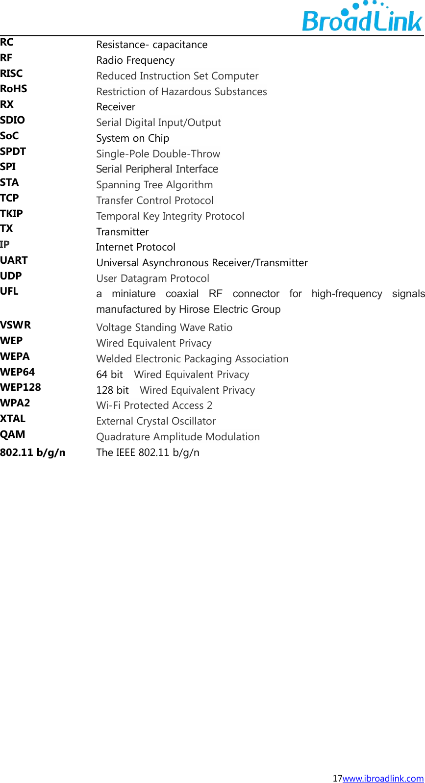 17www.ibroadlink.comRCResistance- capacitanceRFRadio FrequencyRISCReduced Instruction Set ComputerRoHSRestriction of Hazardous SubstancesRXReceiverSDIOSerial Digital Input/OutputSoCSystem on ChipSPDTSingle-Pole Double-ThrowSPISerial Peripheral InterfaceSTASpanning Tree AlgorithmTCPTransfer Control ProtocolTKIPTemporal Key Integrity ProtocolTXTransmitterIPInternet ProtocolUARTUniversal Asynchronous Receiver/TransmitterUDPUser Datagram ProtocolUFLa miniature coaxial RF connector for high-frequency signalsmanufactured by Hirose Electric GroupVSWRVoltage Standing Wave RatioWEPWired Equivalent PrivacyWEPAWelded Electronic Packaging AssociationWEP6464 bit Wired Equivalent PrivacyWEP128128 bit Wired Equivalent PrivacyWPA2Wi-Fi Protected Access 2XTALExternal Crystal OscillatorQAMQuadrature Amplitude Modulation802.11 b/g/nThe IEEE 802.11 b/g/n