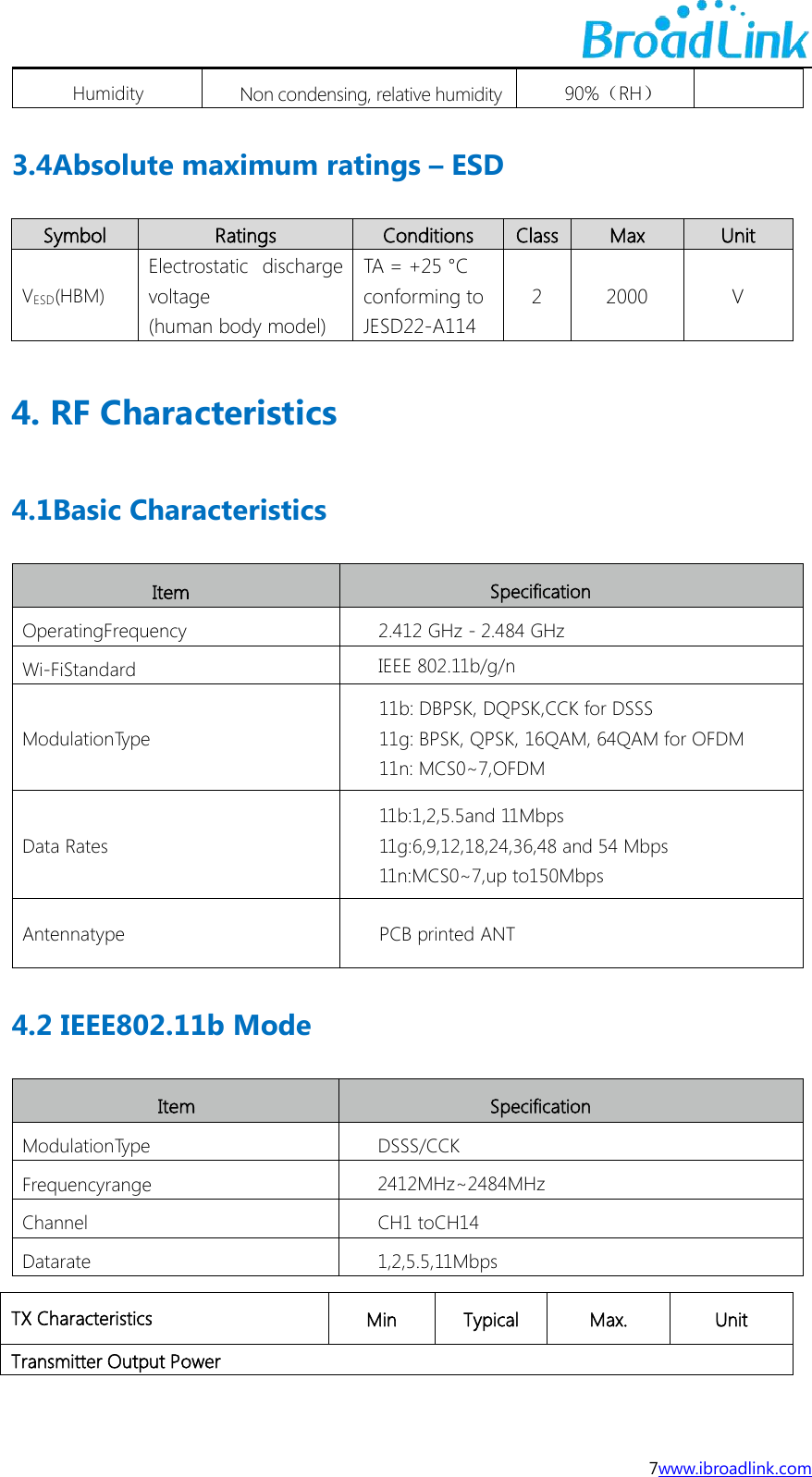 7www.ibroadlink.comHumidityNon condensing, relative humidity90%（RH）3.4Absolute maximum ratings &ndash; ESDSymbolRatingsConditionsClassMaxUnitVESD(HBM)Electrostatic dischargevoltage(human body model)TA = +25 &deg;Cconforming toJESD22-A11422000V4. RF Characteristics4.1Basic CharacteristicsItemSpecificationOperatingFrequency2.412 GHz - 2.484 GHzWi-FiStandardIEEE 802.11b/g/nModulationType11b: DBPSK, DQPSK,CCK for DSSS11g: BPSK, QPSK, 16QAM, 64QAM for OFDM11n: MCS0~7,OFDMData Rates11b:1,2,5.5and 11Mbps11g:6,9,12,18,24,36,48 and 54 Mbps11n:MCS0~7,up to150MbpsAntennatypePCB printed ANT4.2 IEEE802.11b ModeItemSpecificationModulationTypeDSSS/CCKFrequencyrange2412MHz~2484MHzChannelCH1 toCH14Datarate1,2,5.5,11MbpsTX CharacteristicsMinTypicalMax.UnitTransmitter Output Power
