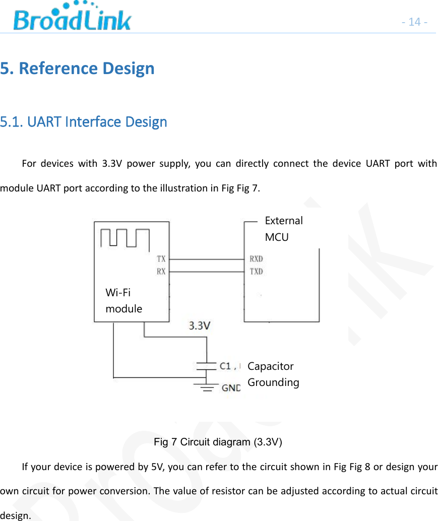 - 14 -5. Reference Design5.1. UART Interface DesignFor devices with 3.3V power supply, you can directly connect the device UART port withmodule UART port according to the illustration in Fig Fig 7.Fig 7 Circuit diagram (3.3V)If your device is powered by 5V, you can refer to the circuit shown in Fig Fig 8 or design yourown circuit for power conversion. The value of resistor can be adjusted according to actual circuitdesign.Wi-FimoduleExternalMCUCapacitorGrounding