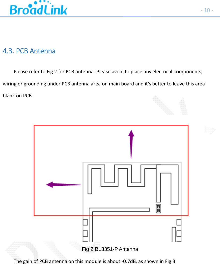 4.3wirinblan3.PCBAntPleasereferngorgroundnkonPCB.ThegainoftennatoFig2forPingunderPCPCBantennaPCBantenna.BantennaarFig 2 onthismoduPleaseavoidreaonmainbBL3351-P Anuleisabout‐dtoplaceanyboardandit&rsquo;sntenna ‐0.7dB,asshoyelectricalcosbettertoleaowninFig3.‐1omponents,avethisarea10‐