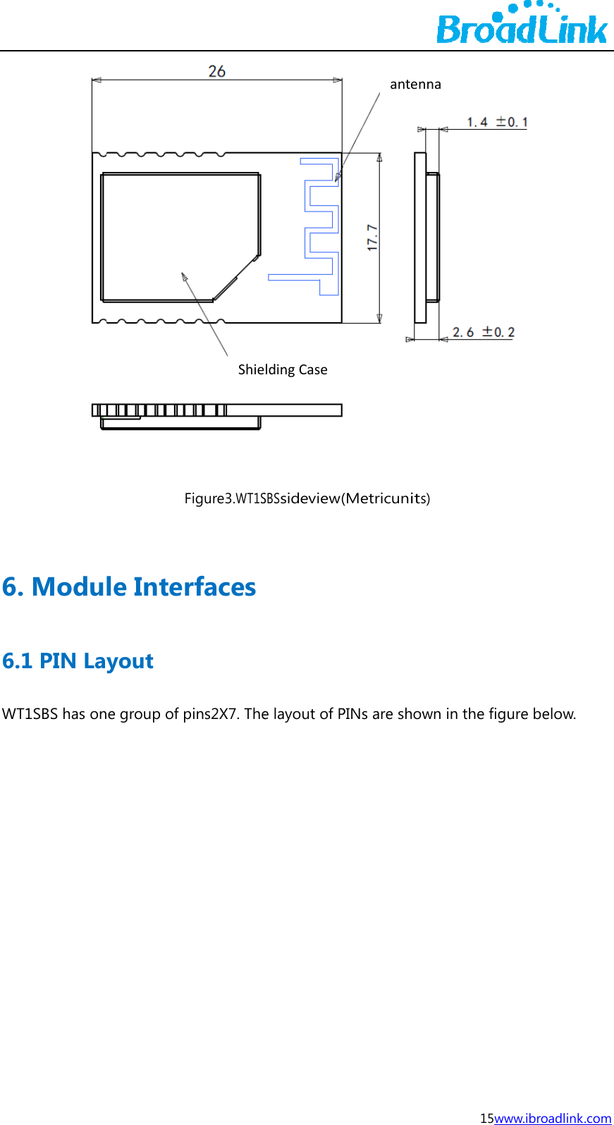 6. 6.1WT1Modu1 PIN Lay1SBS has onle Interyout e group of pFigure3.WT1Srfacespins2X7. TheShie SBSsideview( e layout of PldingCase(MetricunitsPINs are showanten15ws) wn in the fignnawww.ibroadlink gure below.  k.com 