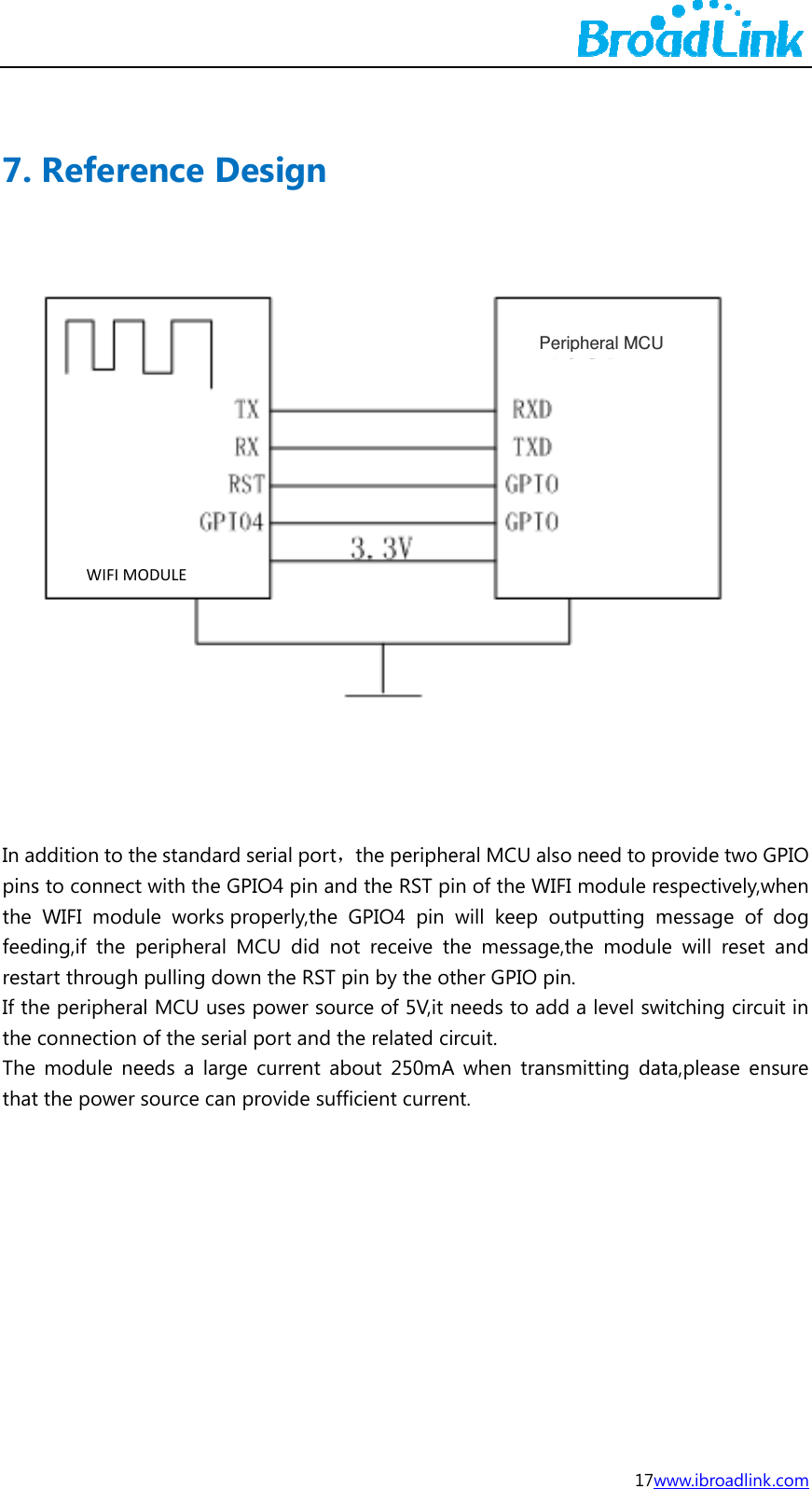  7.  In adpinsthe feedrestIf ththe The that Refereddition to ths to connectWIFI moduding,if the part through he peripheraconnection module net the power WIFIMOence Dehe standard t with the GPule works prperipheral Mpulling dowal MCU usesof the serialeeds a largesource can pODULEesign serial port，PIO4 pin androperly,the GMCU did nown the RST p power sourl port and the current abprovide suffthe periphed the RST piGPIO4 pin ot receive thpin by the otrce of 5V,it nhe related cibout 250mAicient curreneral MCU alsn of the WIFwill keep ohe messagether GPIO pineeds to adrcuit. A when transnt. Pe17wso need to pFI module reoutputting me,the modulein. d a level swsmitting dateripheral MCUwww.ibroadlinkrovide two Gespectively,wmessage of e will reset witching circuta,please en k.com  GPIO when dog and uit in nsure 