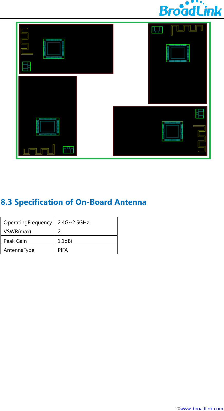 8.3OpVSWPeaAn  3 SpecifiperatingFrequWR(max) ak Gain tennaType ication ouency 2.4G2 1.1dPIFAof On-BoG~2.5GHz Bi A oard Ant         tenna 20wwww.ibroadlink k.com  