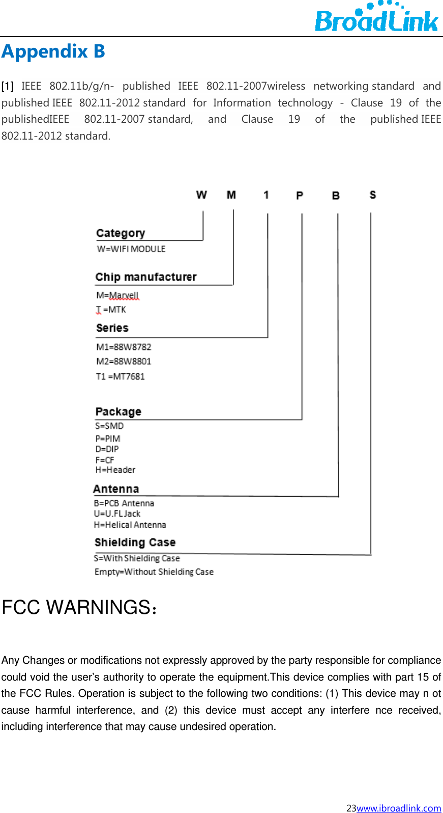 Ap[1] pubpub802FCAny coulthe causincluppendiIEEE 802.1blished IEEE blishedIEEE .11-2012 staCC WAChanges orld void the uFCC Rules. se harmful uding interferx B   1b/g/n- pu802.11-201802.11-200andard. RNINGr modificationser&rsquo;s authorOperation isinterference,rence that mublished IEE2 standard 07 standardGS：  ns not expresity to operates subject to t, and (2) thmay cause unEE 802.11-2for Informa, and Cssly approvee the equipmthe followinghis device mndesired oper2007wirelessation technClause 19 ed by the partment.This de two conditiomust accept ration.  23ws networkinology - Claof the ty responsibevice complieons: (1) Thisany interferwww.ibroadlinkg standard ause 19 ofpublished le for complies with part 1s device mayre nce rece k.com and f the IEEE ance 15 of y n ot ived, 
