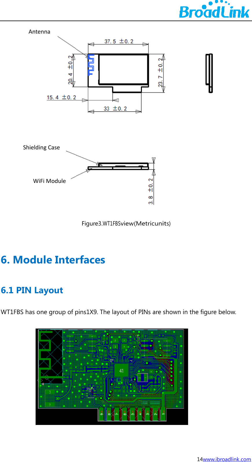 6. 6.1WT1Modu1 PIN Lay1FBS has onAntenShieldinWiFile Interyout e group of pnagCaseiModuleFigure3.WTrfacespins1X9. The T1FBSview(M e layout of PMetricunits)PINs are show14wwn in the fig www.ibroadlink gure below.  k.com 