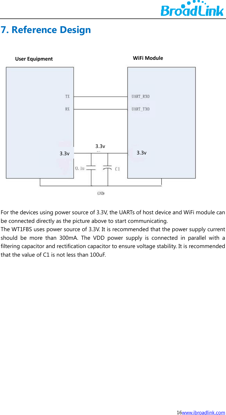 7. For be cThe shoufiltethat       Referethe devices connected dWT1FBS usuld be morring capacitt the value oUserEquipence Deusing poweirectly as thes power sore than 300or and rectifof C1 is not lepment3.3vesign er source of 3e picture abource of 3.3V0mA. The VDfication capaess than 100v33.3V, the UAbove to start V. It is recomDD power sacitor to ens0uF. 3.3vARTs of host dcommunicammended thsupply is cosure voltage WiFiMod3.3v16wdevice and Wating. at the poweonnected instability. It idulewww.ibroadlink WiFi moduleer supply cun parallel wis recommen k.com e can rrent ith a nded 