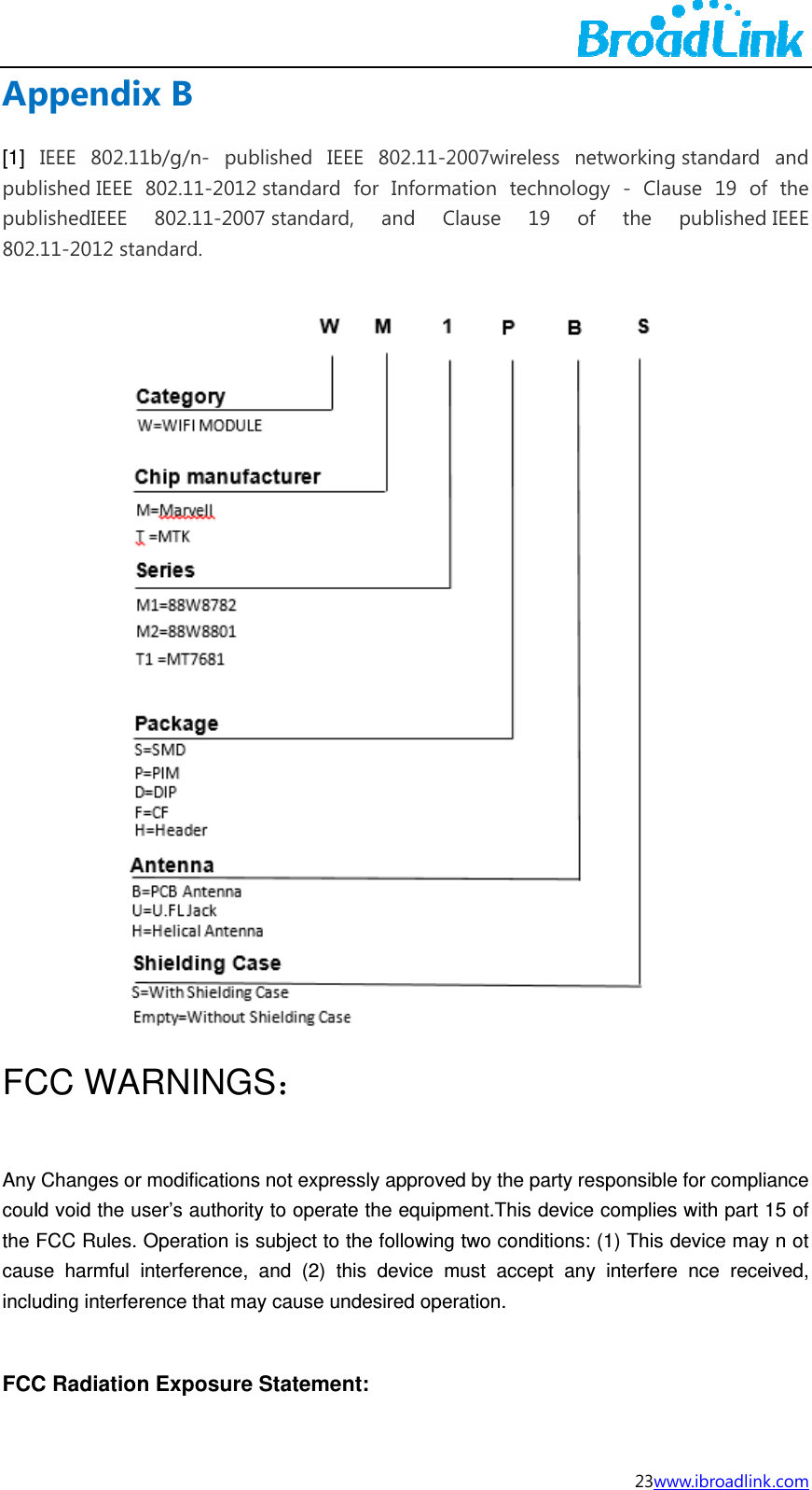Ap[1] pubpub802 FCAny coulthe causincluFCCppendiIEEE 802.1blished IEEE blishedIEEE .11-2012 staCC WAChanges orld void the uFCC Rules. se harmful uding interferC Radiationx B   1b/g/n- pu802.11-201802.11-200andard. RNINGr modificationser&rsquo;s authorOperation isinterference,rence that mn Exposureublished IEE2 standard 07 standardGS：  ns not expresity to operates subject to t, and (2) thmay cause une StatemenEE 802.11-2for Informa, and Cssly approvee the equipmthe followinghis device mndesired opernt:  2007wirelessation technClause 19 ed by the partment.This de two conditiomust accept ration.  23ws networkinology - Claof the ty responsibevice complieons: (1) Thisany interferwww.ibroadlinkg standard ause 19 ofpublished le for complies with part 1s device mayre nce rece k.com and f the IEEE ance 15 of y n ot ived, 