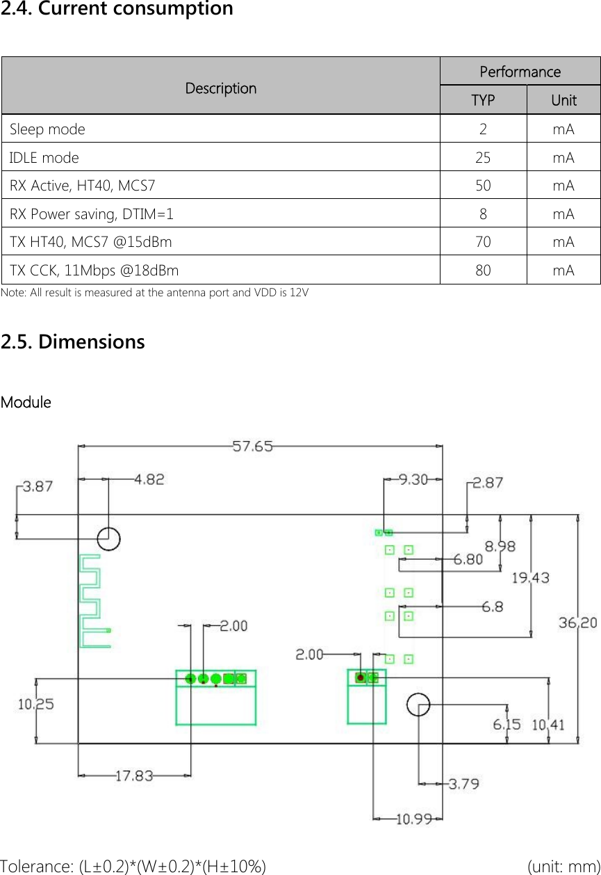 2.4. Current consumption Description Performance TYP Unit Sleep mode 2 mA IDLE mode 25 mA RX Active, HT40, MCS7 50 mA RX Power saving, DTIM=1 8 mA TX HT40, MCS7 @15dBm 70 mA TX CCK, 11Mbps @18dBm 80 mA Note: All result is measured at the antenna port and VDD is 12V 2.5. Dimensions Module Tolerance: (L&plusmn;0.2)*(W&plusmn;0.2)*(H&plusmn;10%)  (unit: mm)   