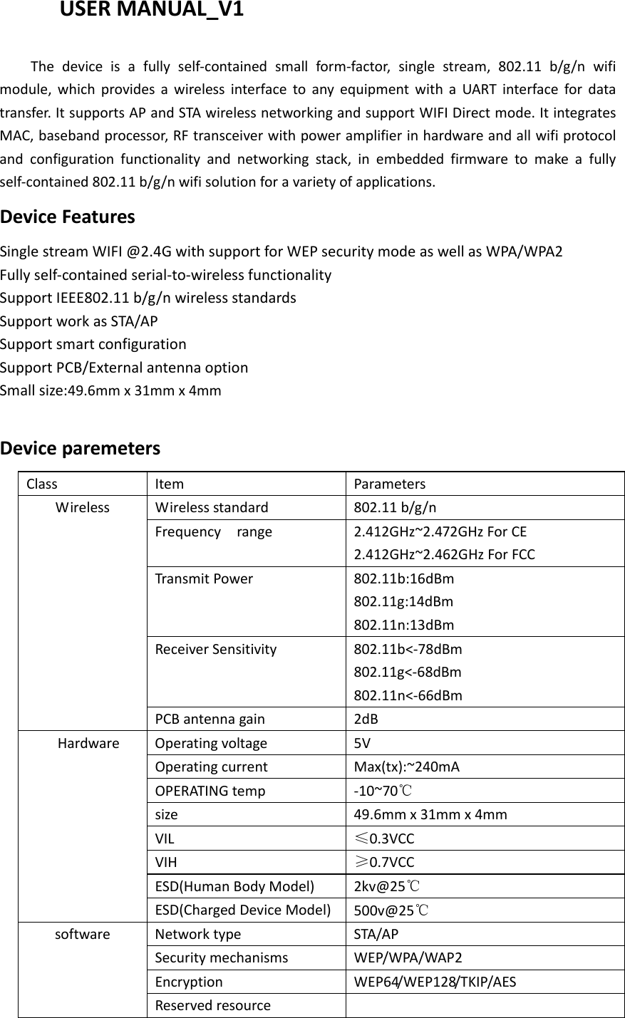 USERMANUAL_V1Thedeviceisafullyself‐containedsmallform‐factor,singlestream,802.11b/g/nwifimodule,whichprovidesawirelessinterfacetoanyequipmentwithaUARTinterfacefordatatransfer.ItsupportsAPandSTAwirelessnetworkingandsupportWIFIDirectmode.ItintegratesMAC,basebandprocessor,RFtransceiverwithpoweramplifierinhardwareandallwifiprotocolandconfigurationfunctionalityandnetworkingstack,inembeddedfirmwaretomakeafullyself‐contained802.11b/g/nwifisolutionforavarietyofapplications.DeviceFeaturesSinglestreamWIFI@2.4GwithsupportforWEPsecuritymodeaswellasWPA/WPA2Fullyself‐containedserial‐to‐wirelessfunctionalitySupportIEEE802.11b/g/nwirelessstandardsSupportworkasSTA/APSupportsmartconfigurationSupportPCB/ExternalantennaoptionSmallsize:49.6mmx31mmx4mmDeviceparemetersClassItemParametersWirelessWirelessstandard802.11b/g/nFrequencyrange2.412GHz~2.472GHzForCE2.412GHz~2.462GHzForFCCTransmitPower802.11b:16dBm802.11g:14dBm802.11n:13dBmReceiverSensitivity802.11b<‐78dBm802.11g<‐68dBm802.11n<‐66dBmPCBantennagain2dBHardwareOperatingvoltage5VOperatingcurrentMax(tx):~240mAOPERATINGtemp‐10~70℃size49.6mmx31mmx4mmVIL&le;0.3VCCVIH&ge;0.7VCCESD(HumanBodyModel)2kv@25℃ESD(ChargedDeviceModel)500v@25℃softwareNetworktypeSTA/APSecuritymechanismsWEP/WPA/WAP2EncryptionWEP64/WEP128/TKIP/AESReservedresource
