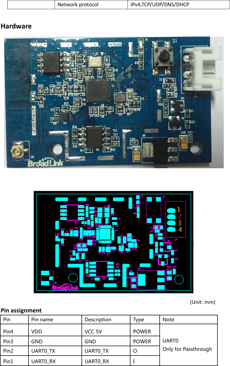 NetworkprotocolIPv4,TCP/UDP/DNS/DHCPHardware(Unit:mm)PinassignmentPin Pinname Description Type NotePin4 VDD VCC5V POWERUART0OnlyforPassthroughPin3 GND GND POWERPin2 UART0_TX UART0_TX OPin1 UART0_RX UART0_RX I