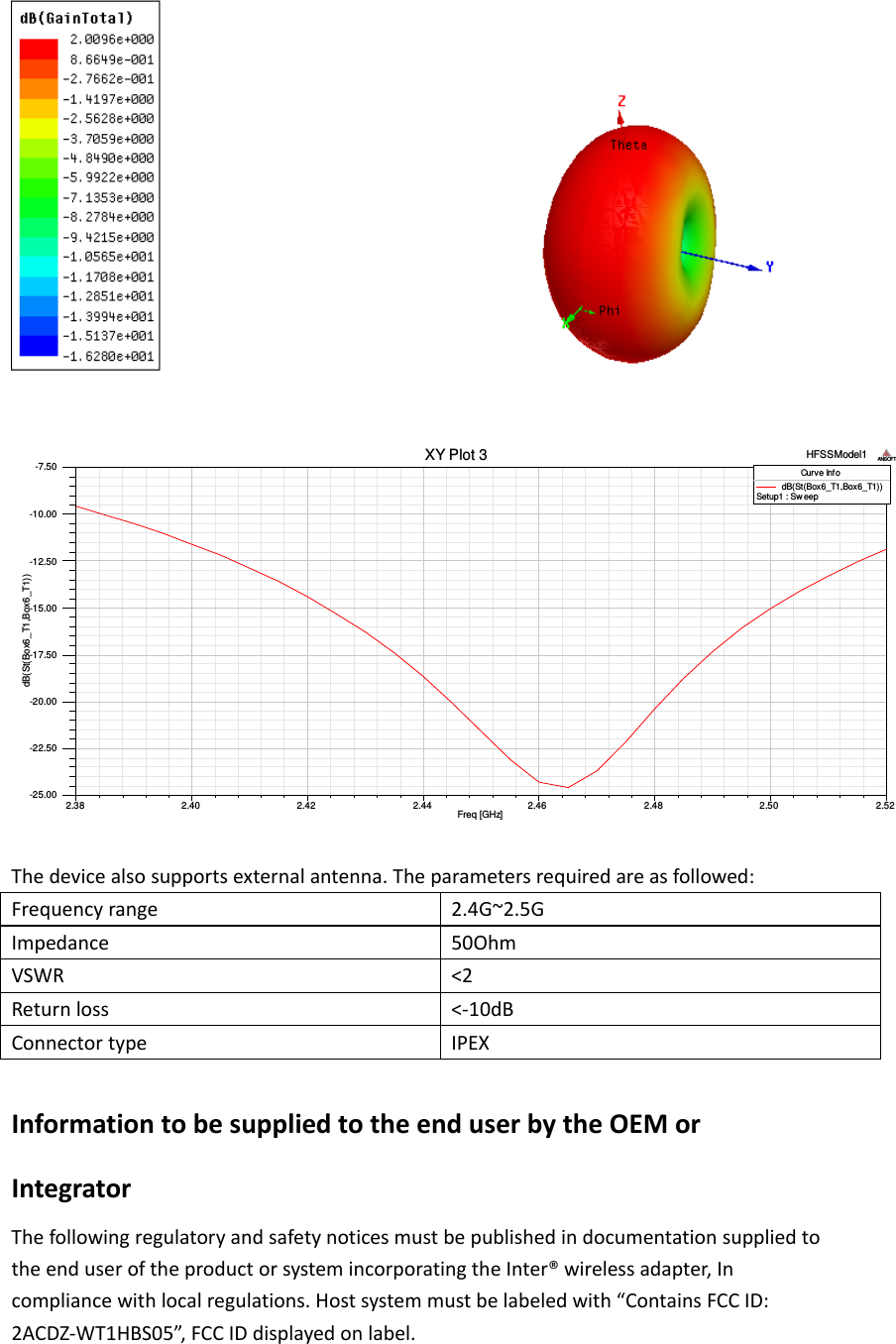 2.38 2.40 2.42 2.44 2.46 2.48 2.50 2.52Freq [GHz]-25.00-22.50-20.00-17.50-15.00-12.50-10.00-7.50dB(St(Box6_T1,Box6_T1))HFSSModel1XY Plot 3ANSOFTCurve InfodB(St(Box6_T1,Box6_T1))Setup1 : SweepThedevicealsosupportsexternalantenna.Theparametersrequiredareasfollowed:Frequencyrange2.4G~2.5GImpedance50OhmVSWR<2Returnloss<‐10dBConnectortypeIPEXInformationtobesuppliedtotheenduserbytheOEMorIntegratorThefollowingregulatoryandsafetynoticesmustbepublishedindocumentationsuppliedtotheenduseroftheproductorsystemincorporatingtheInter&reg;wirelessadapter,Incompliancewithlocalregulations.Hostsystemmustbelabeledwith&ldquo;ContainsFCCID:2ACDZ‐WT1HBS05&rdquo;,FCCIDdisplayedonlabel.