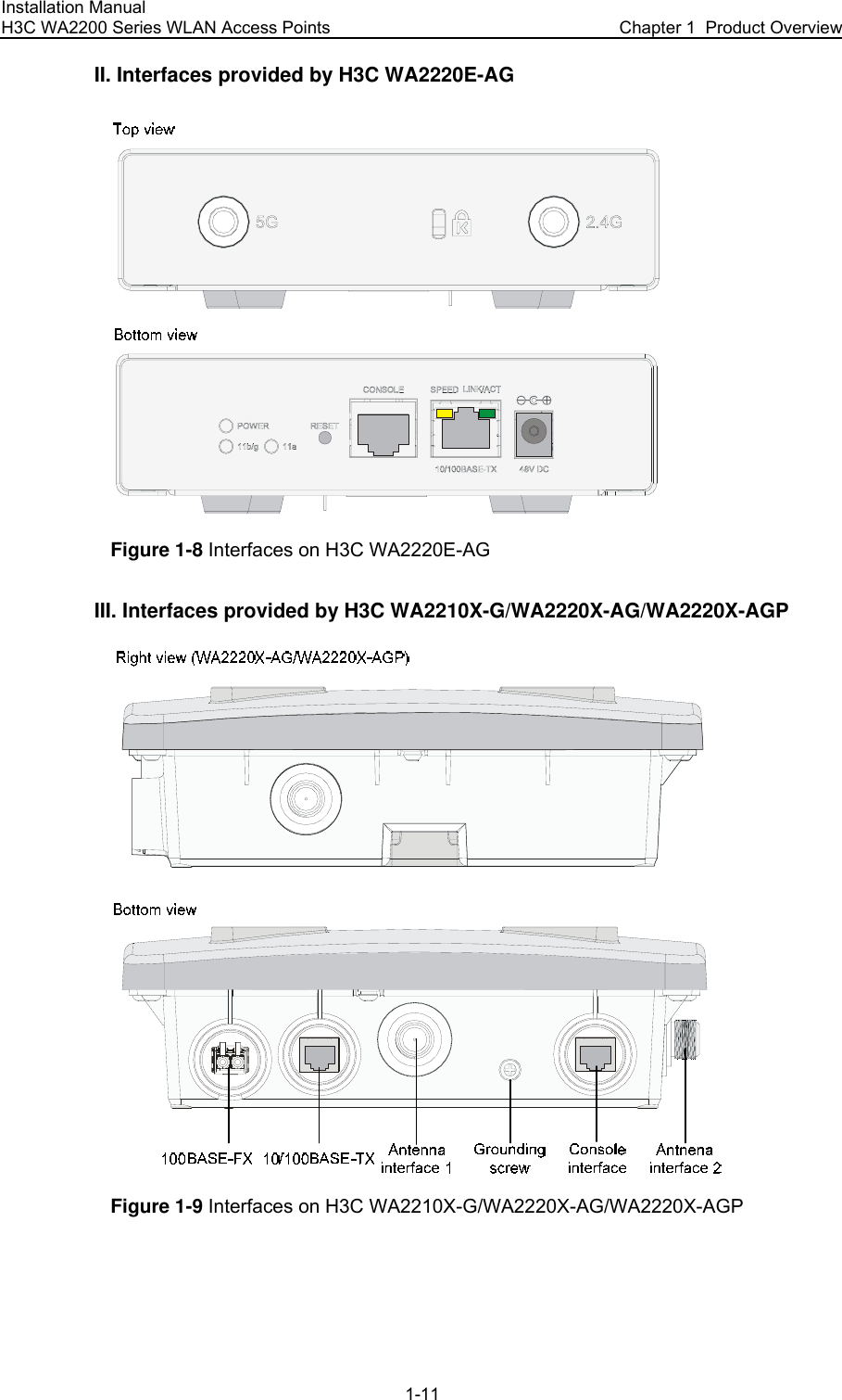 Installation Manual H3C WA2200 Series WLAN Access Points  Chapter 1  Product Overview 1-11 II. Interfaces provided by H3C WA2220E-AG  Figure 1-8 Interfaces on H3C WA2220E-AG III. Interfaces provided by H3C WA2210X-G/WA2220X-AG/WA2220X-AGP   Figure 1-9 Interfaces on H3C WA2210X-G/WA2220X-AG/WA2220X-AGP  