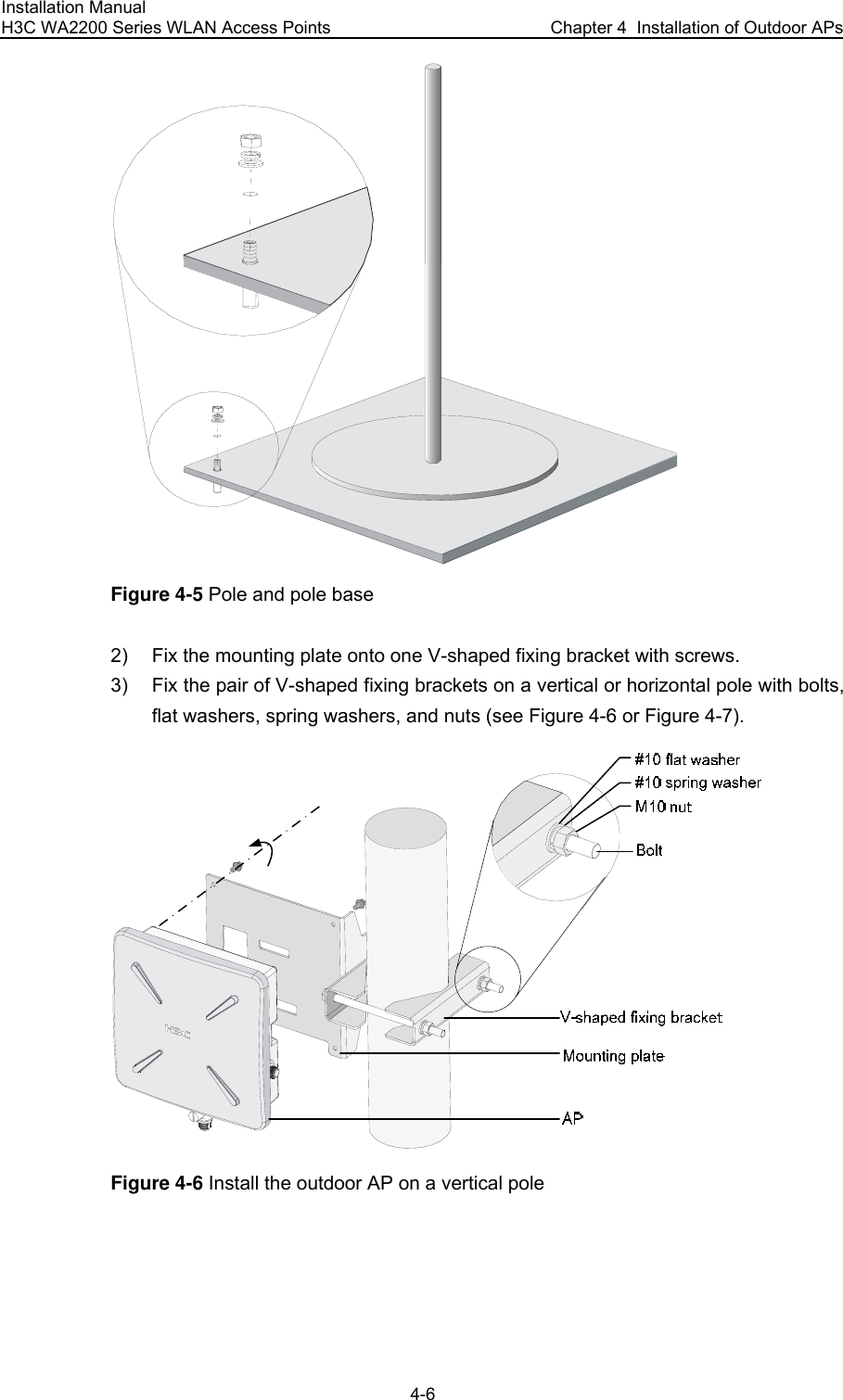 Installation Manual H3C WA2200 Series WLAN Access Points  Chapter 4  Installation of Outdoor APs 4-6  Figure 4-5 Pole and pole base 2)  Fix the mounting plate onto one V-shaped fixing bracket with screws. 3)  Fix the pair of V-shaped fixing brackets on a vertical or horizontal pole with bolts, flat washers, spring washers, and nuts (see Figure 4-6 or Figure 4-7).  Figure 4-6 Install the outdoor AP on a vertical pole 