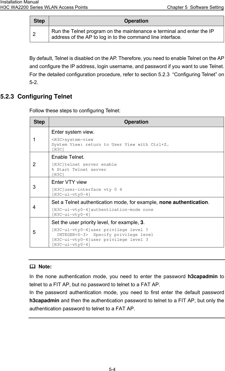 Installation Manual H3C WA2200 Series WLAN Access Points  Chapter 5  Software Setting 5-4 Step  Operation 2  Run the Telnet program on the maintenance e terminal and enter the IP address of the AP to log in to the command line interface.  By default, Telnet is disabled on the AP. Therefore, you need to enable Telnet on the AP and configure the IP address, login username, and password if you want to use Telnet. For the detailed configuration procedure, refer to section 5.2.3  “Configuring Telnet” on 5-2. 5.2.3  Configuring Telnet Follow these steps to configuring Telnet: Step  Operation 1 Enter system view. &lt;H3C&gt;system-view System View: return to User View with Ctrl+Z. [H3C] 2 Enable Telnet. [H3C]telnet server enable % Start Telnet server [H3C] 3 Enter VTY view [H3C]user-interface vty 0 4 [H3C-ui-vty0-4] 4 Set a Telnet authentication mode, for example, none authentication. [H3C-ui-vty0-4]authentication-mode none [H3C-ui-vty0-4] 5 Set the user priority level, for example, 3. [H3C-ui-vty0-4]user privilege level ?   INTEGER&lt;0-3&gt;  Specify privilege level [H3C-ui-vty0-4]user privilege level 3 [H3C-ui-vty0-4]    Note: In the none authentication mode, you need to enter the password h3capadmin to telnet to a FIT AP, but no password to telnet to a FAT AP. In the password authentication mode, you need to first enter the default password h3capadmin and then the authentication password to telnet to a FIT AP, but only the authentication password to telnet to a FAT AP.  