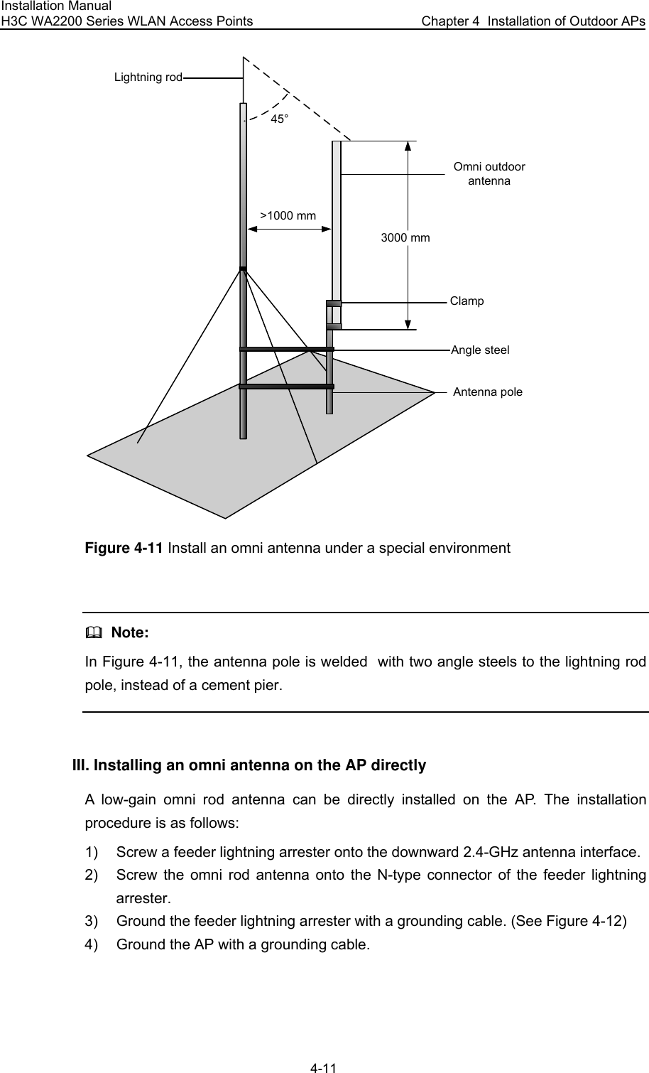 Installation Manual H3C WA2200 Series WLAN Access Points  Chapter 4  Installation of Outdoor APs 4-11 Lightning rodOmni outdoor antennaClampAntenna pole3000 mm&gt;1000 mm45°Angle steel Figure 4-11 Install an omni antenna under a special environment    Note: In Figure 4-11, the antenna pole is welded  with two angle steels to the lightning rod pole, instead of a cement pier.  III. Installing an omni antenna on the AP directly A low-gain omni rod antenna can be directly installed on the AP. The installation procedure is as follows: 1)  Screw a feeder lightning arrester onto the downward 2.4-GHz antenna interface. 2)  Screw the omni rod antenna onto the N-type connector of the feeder lightning arrester. 3)  Ground the feeder lightning arrester with a grounding cable. (See Figure 4-12) 4)  Ground the AP with a grounding cable. 