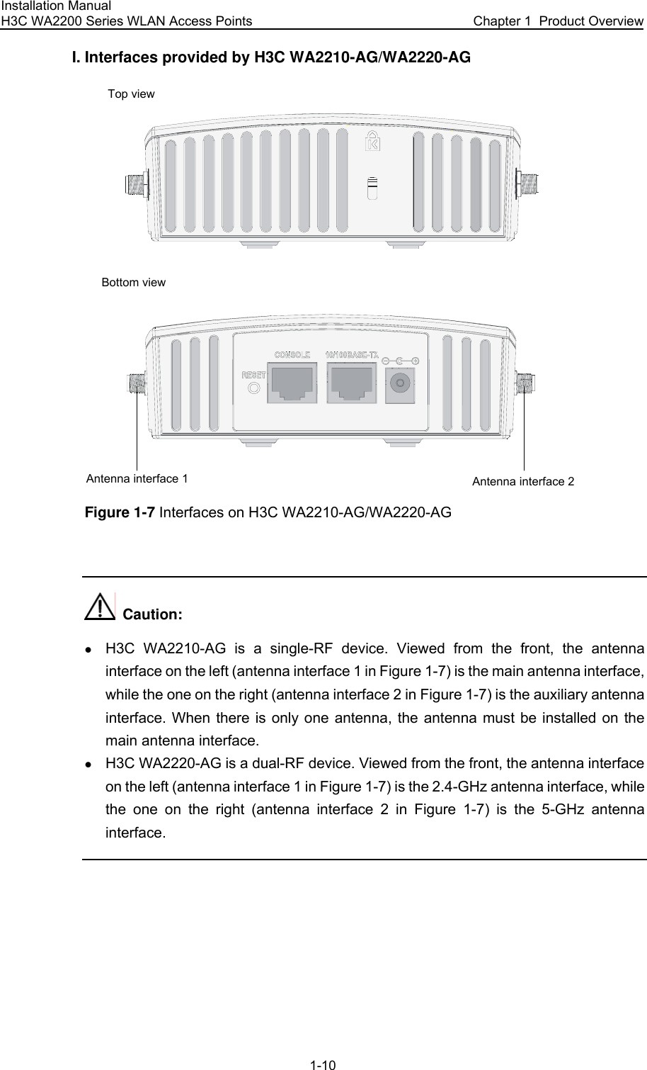 Installation Manual H3C WA2200 Series WLAN Access Points  Chapter 1  Product Overview 1-10 I. Interfaces provided by H3C WA2210-AG/WA2220-AG  Top viewBottom viewAntenna interface 1 Antenna interface 2  Figure 1-7 Interfaces on H3C WA2210-AG/WA2220-AG    Caution: z H3C WA2210-AG is a single-RF device. Viewed from the front, the antenna interface on the left (antenna interface 1 in Figure 1-7) is the main antenna interface, while the one on the right (antenna interface 2 in Figure 1-7) is the auxiliary antenna interface. When there is only one antenna, the antenna must be installed on the main antenna interface. z H3C WA2220-AG is a dual-RF device. Viewed from the front, the antenna interface on the left (antenna interface 1 in Figure 1-7) is the 2.4-GHz antenna interface, while the one on the right (antenna interface 2 in Figure 1-7) is the 5-GHz antenna interface.  