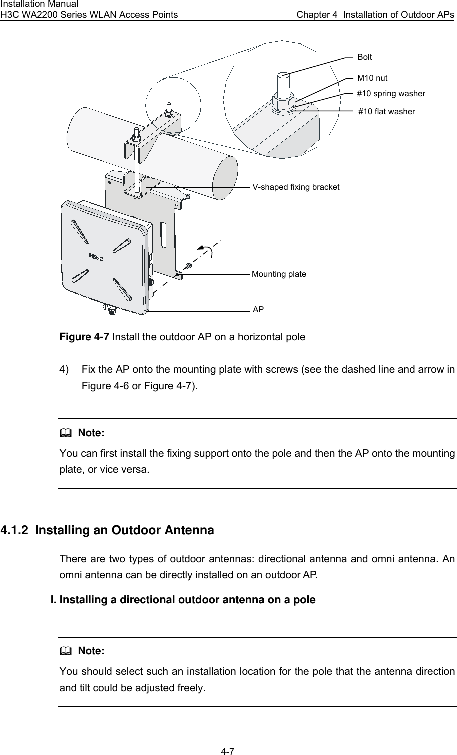 Installation Manual H3C WA2200 Series WLAN Access Points  Chapter 4  Installation of Outdoor APs 4-7 M10 nut#10 spring washer#10 flat washerAPMounting plateV-shaped fixing bracketBolt Figure 4-7 Install the outdoor AP on a horizontal pole 4)  Fix the AP onto the mounting plate with screws (see the dashed line and arrow in Figure 4-6 or Figure 4-7).    Note: You can first install the fixing support onto the pole and then the AP onto the mounting plate, or vice versa.  4.1.2  Installing an Outdoor Antenna There are two types of outdoor antennas: directional antenna and omni antenna. An omni antenna can be directly installed on an outdoor AP. I. Installing a directional outdoor antenna on a pole    Note: You should select such an installation location for the pole that the antenna direction and tilt could be adjusted freely.  