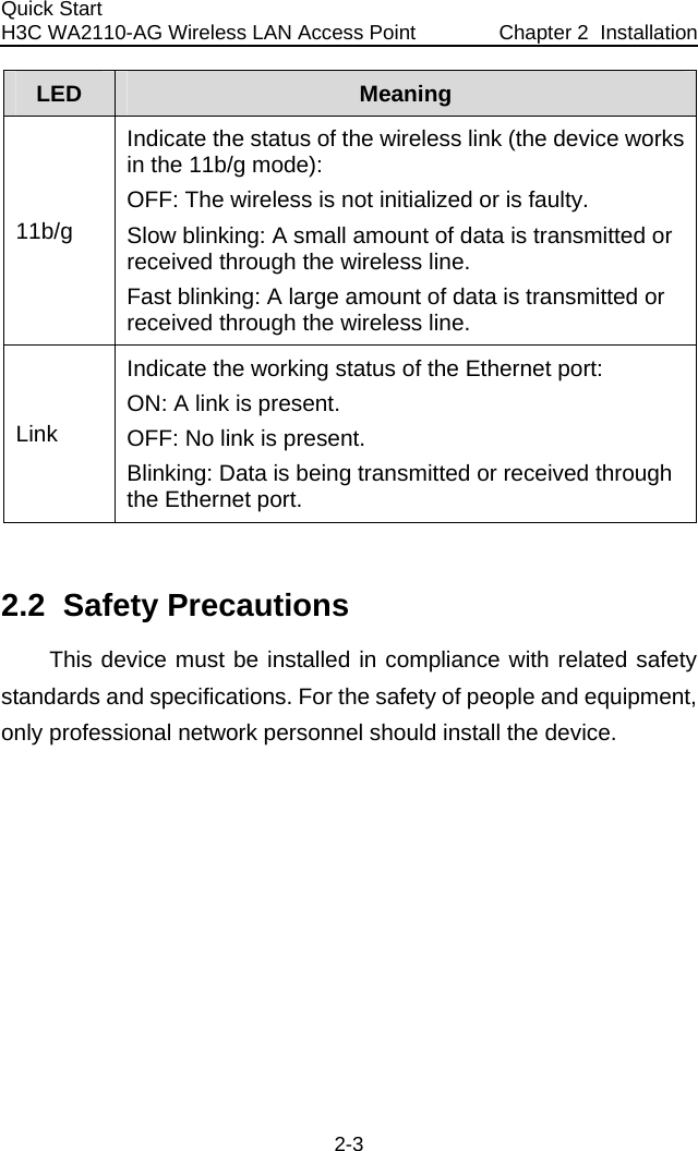 Quick Start  H3C WA2110-AG Wireless LAN Access Point  Chapter 2  Installation 2-3 LED  Meaning 11b/g Indicate the status of the wireless link (the device works in the 11b/g mode): OFF: The wireless is not initialized or is faulty.  Slow blinking: A small amount of data is transmitted or received through the wireless line. Fast blinking: A large amount of data is transmitted or received through the wireless line. Link Indicate the working status of the Ethernet port: ON: A link is present. OFF: No link is present. Blinking: Data is being transmitted or received through the Ethernet port.  2.2  Safety Precautions This device must be installed in compliance with related safety standards and specifications. For the safety of people and equipment, only professional network personnel should install the device.  