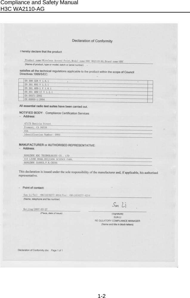 Compliance and Safety Manual            H3C WA2110-AG  1-2  