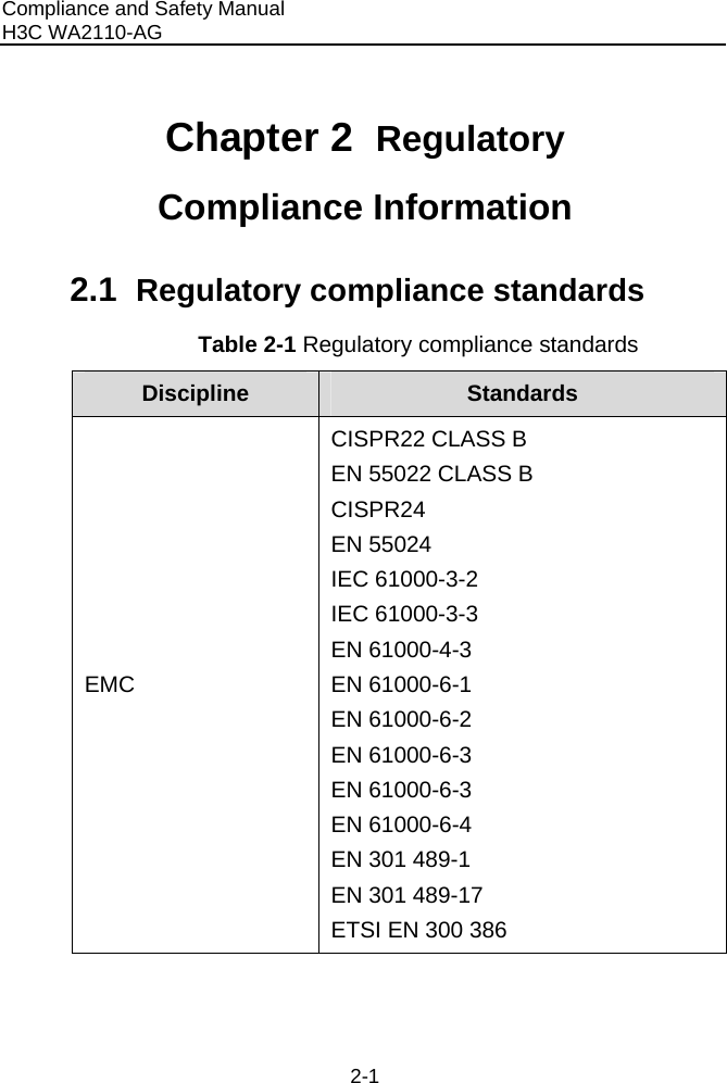 Compliance and Safety Manual H3C WA2110-AG  2-1 Chapter 2  Regulatory Compliance Information  2.1  Regulatory compliance standards Table 2-1 Regulatory compliance standards Discipline  Standards EMC CISPR22 CLASS B EN 55022 CLASS B CISPR24 EN 55024 IEC 61000-3-2 IEC 61000-3-3 EN 61000-4-3 EN 61000-6-1 EN 61000-6-2 EN 61000-6-3 EN 61000-6-3 EN 61000-6-4 EN 301 489-1  EN 301 489-17 ETSI EN 300 386 