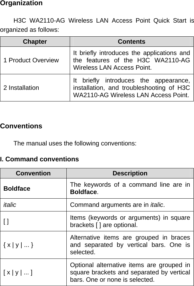 Organization H3C WA2110-AG Wireless LAN Access Point Quick Start is organized as follows:  Chapter  Contents 1 Product Overview  It briefly introduces the applications and the features of the H3C WA2110-AG Wireless LAN Access Point. 2 Installation   It briefly introduces the appearance, installation, and troubleshooting of H3C WA2110-AG Wireless LAN Access Point. Conventions The manual uses the following conventions: I. Command conventions  Convention   Description  Boldface  The keywords of a command line are in Boldface. italic Command arguments are in italic. [ ]  Items (keywords or arguments) in square brackets [ ] are optional. { x | y | ... } Alternative items are grouped in braces and separated by vertical bars. One is selected. [ x | y | ... ] Optional alternative items are grouped in square brackets and separated by vertical bars. One or none is selected. 