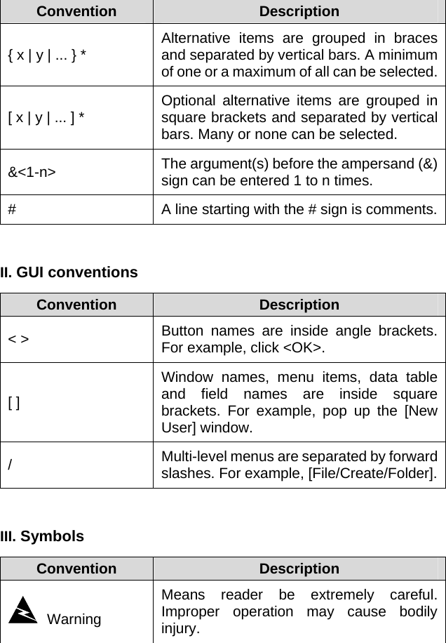 Convention   Description  { x | y | ... } * Alternative items are grouped in braces and separated by vertical bars. A minimum of one or a maximum of all can be selected.[ x | y | ... ] * Optional alternative items are grouped in square brackets and separated by vertical bars. Many or none can be selected. &amp;&lt;1-n&gt;  The argument(s) before the ampersand (&amp;) sign can be entered 1 to n times. #  A line starting with the # sign is comments. GUI conventions II. Convention   Description  &lt; &gt;  Button names are inside angle brackets. For example, click &lt;OK&gt;. [ ] Window names, menu items, data table and field names are inside square brackets. For example, pop up the [New User] window. /  Multi-level menus are separated by forward slashes. For example, [File/Create/Folder].  Symbols III.Convention   Description    Warning Means reader be extremely careful. Improper operation may cause bodily injury.  