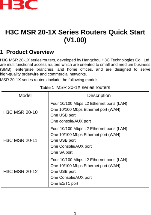 1   H3C MSR 20-1X Series Routers Quick Start (V1.00)  1  Product Overview H3C MSR 20-1X series routers, developed by Hangzhou H3C Technologies Co., Ltd., are multifunctional access routers which are oriented to small and medium business (SMB), enterprise branches, and home offices, and are designed to serve high-quality orderwire and commercial networks.  MSR 20-1X series routers include the following models.  Table 1  MSR 20-1X series routers Model Description H3C MSR 20-10 Four 10/100 Mbps L2 Ethernet ports (LAN) One 10/100 Mbps Ethernet port (WAN) One USB port One console/AUX port H3C MSR 20-11 Four 10/100 Mbps L2 Ethernet ports (LAN) One 10/100 Mbps Ethernet port (WAN) One USB port One Console/AUX port One SA port H3C MSR 20-12 Four 10/100 Mbps L2 Ethernet ports (LAN) One 10/100 Mbps Ethernet port (WAN) One USB port One Console/AUX port One E1/T1 port 