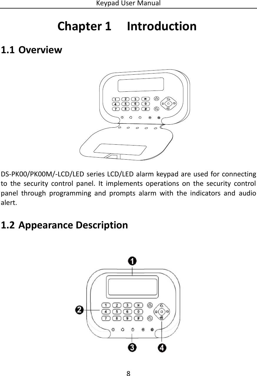Keypad User Manual 8  Chapter 1 Introduction   1.1 Overview      DS-PK00/PK00M/-LCD/LED series LCD/LED alarm keypad are used for connecting to  the  security  control  panel.  It  implements  operations  on  the  security  control panel  through  programming  and  prompts  alarm  with  the  indicators  and  audio alert. 1.2 Appearance Description  