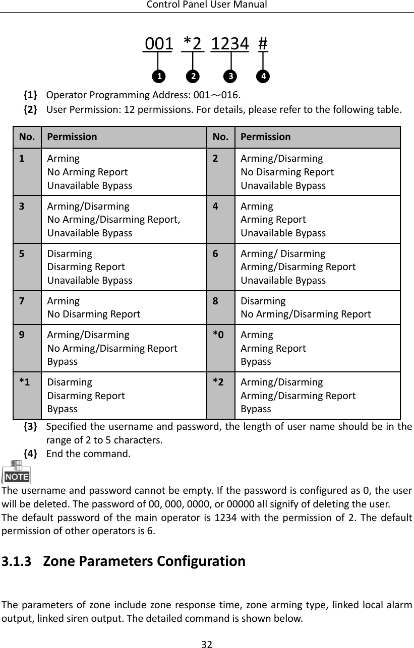 Control Panel User Manual 32  001  *2  1234  # 1 2 3 4 {1} Operator Programming Address: 001～016. {2} User Permission: 12 permissions. For details, please refer to the following table.   {3} Specified the username and password, the length of user name should be in the range of 2 to 5 characters. {4} End the command.      The username and password cannot be empty. If the password is configured as 0, the user will be deleted. The password of 00, 000, 0000, or 00000 all signify of deleting the user.   The default password of the main operator is  1234  with the permission of 2. The default permission of other operators is 6.   3.1.3 Zone Parameters Configuration   The parameters of zone include zone response time, zone arming type, linked local  alarm output, linked siren output. The detailed command is shown below.   No.   Permission   No. Permission   1 Arming No Arming Report Unavailable Bypass   2 Arming/Disarming No Disarming Report Unavailable Bypass   3 Arming/Disarming No Arming/Disarming Report, Unavailable Bypass 4 Arming Arming Report Unavailable Bypass   5 Disarming Disarming Report Unavailable Bypass   6 Arming/ Disarming   Arming/Disarming Report Unavailable Bypass   7 Arming No Disarming Report   8 Disarming No Arming/Disarming Report   9 Arming/Disarming No Arming/Disarming Report   Bypass   *0 Arming   Arming Report   Bypass *1 Disarming   Disarming Report Bypass   *2 Arming/Disarming   Arming/Disarming Report Bypass 