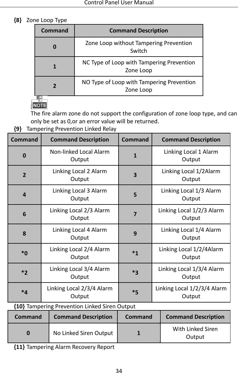 Control Panel User Manual 34  {8} Zone Loop Type Command Command Description   0 Zone Loop without Tampering Prevention Switch 1 NC Type of Loop with Tampering Prevention Zone Loop 2 NO Type of Loop with Tampering Prevention Zone Loop  The fire alarm zone do not support the configuration of zone loop type, and can only be set as 0,or an error value will be returned.   {9} Tampering Prevention Linked Relay Command Command Description Command Command Description 0 Non-linked Local Alarm Output 1 Linking Local 1 Alarm Output 2 Linking Local 2 Alarm Output 3 Linking Local 1/2Alarm Output 4 Linking Local 3 Alarm Output 5 Linking Local 1/3 Alarm Output 6 Linking Local 2/3 Alarm Output 7 Linking Local 1/2/3 Alarm Output 8 Linking Local 4 Alarm Output 9 Linking Local 1/4 Alarm Output *0 Linking Local 2/4 Alarm Output *1 Linking Local 1/2/4Alarm Output *2 Linking Local 3/4 Alarm Output *3 Linking Local 1/3/4 Alarm Output *4 Linking Local 2/3/4 Alarm Output *5 Linking Local 1/2/3/4 Alarm Output {10} Tampering Prevention Linked Siren Output Command Command Description   Command Command Description 0 No Linked Siren Output 1 With Linked Siren Output {11} Tampering Alarm Recovery Report  