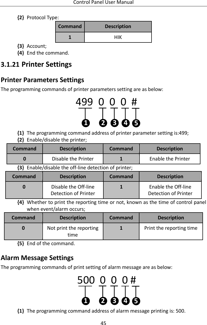 Control Panel User Manual 45  {2} Protocol Type: Command Description 1 HIK {3} Account; {4} End the command. 3.1.21 Printer Settings Printer Parameters Settings The programming commands of printer parameters setting are as below: 499  0  0  0  #12 3 45 {1} The programming command address of printer parameter setting is:499; {2} Enable/disable the printer; Command Description Command Description 0 Disable the Printer 1 Enable the Printer {3} Enable/disable the off-line detection of printer; Command Description Command Description 0 Disable the Off-line Detection of Printer 1 Enable the Off-line Detection of Printer {4} Whether to print the reporting time or not, known as the time of control panel when event/alarm occurs; Command Description Command Description 0 Not print the reporting time 1 Print the reporting time {5} End of the command. Alarm Message Settings The programming commands of print setting of alarm message are as below: 500  0  0  0 #12 3 45 {1} The programming command address of alarm message printing is: 500. 