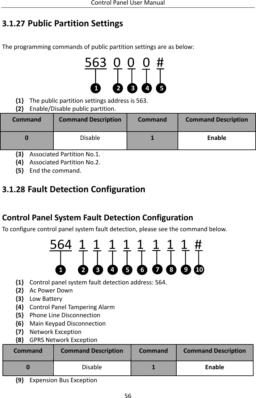 Control Panel User Manual 56  3.1.27 Public Partition Settings The programming commands of public partition settings are as below: 563  0  0   0  #  1 2 43 5 {1} The public partition settings address is 563. {2} Enable/Disable public partition. Command Command Description Command   Command Description 0 Disable   1 Enable   {3} Associated Partition No.1. {4} Associated Partition No.2. {5} End the command.   3.1.28 Fault Detection Configuration Control Panel System Fault Detection Configuration   To configure control panel system fault detection, please see the command below.   564  1  1    1  1  1    1  1  1  #  1 2 463 5 789 10 {1} Control panel system fault detection address: 564. {2} Ac Power Down   {3} Low Battery   {4} Control Panel Tampering Alarm   {5} Phone Line Disconnection   {6} Main Keypad Disconnection   {7} Network Exception   {8} GPRS Network Exception Command Command Description Command   Command Description 0 Disable   1 Enable   {9} Expension Bus Exception 