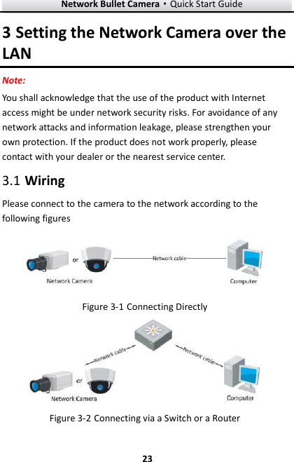 Network Bullet Camera·Quick Start Guide  23 23 3 Setting the Network Camera over the LAN Note: You shall acknowledge that the use of the product with Internet access might be under network security risks. For avoidance of any network attacks and information leakage, please strengthen your own protection. If the product does not work properly, please contact with your dealer or the nearest service center.  Wiring 3.1Please connect to the camera to the network according to the following figures   Connecting Directly Figure 3-1  Connecting via a Switch or a Router Figure 3-2