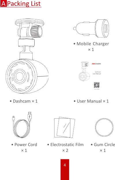 4APacking List•Dashcam × 1•Mobile Charger × 1•User Manual × 1•Power Cord × 1•Electrostatic Film × 2•Gum Circle× 1