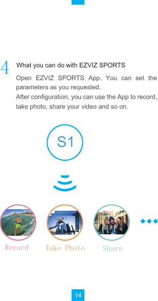 145HFRUG 7DNH3KRWR 6KDUH…Open  EZVIZ  SPORTS  App.  You  can  set  the parameters as you requested.After configuration, you can use the App to record, take photo, share your video and so on.What you can do with EZVIZ SPORTSS1