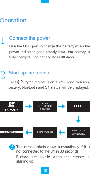 Use the USB port to charge the battert, when the power  indicator  goes  steady  blue,  the  battery  is fully charged. The battery life is 30 days.Press          , the remote is on. EZVIZ logo, verision, battery, bluetooth and S1 status will be displayed.Buttons  are  invalid  when  the  remote  is starting up.The  remote  shuts  down  automatically  if  it  is not connected to the S1 in 30 seconds.V1.2.2BLUETOOTHREMOTEBLUETOOTHCONNECTEDS1 POWER ONLO A DI NG . . .19Connect the powerStart up the remoteOperation
