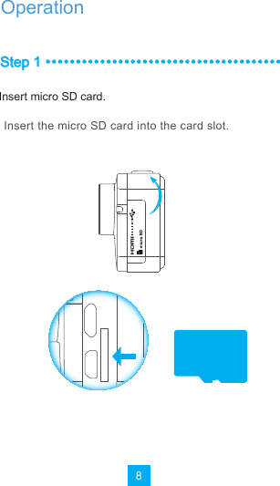 8Step 1Micro SD Card RecommendationInsert the micro SD card into the card slot.Insert micro SD card.Operation