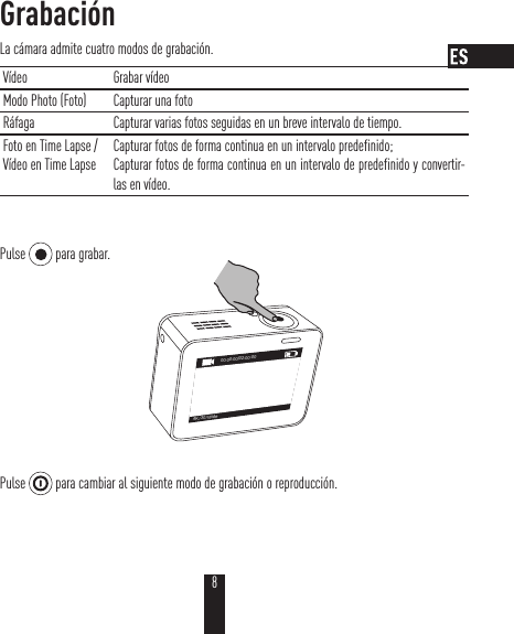 GrabaciónLa cámara admite cuatro modos de grabación.Vídeo Grabar vídeoModo Photo (Foto)  Capturar una fotoRáfaga Capturar varias fotos seguidas en un breve intervalo de tiempo.Foto en Time Lapse /Vídeo en Time LapseCapturar fotos de forma continua en un intervalo predefinido;Capturar fotos de forma continua en un intervalo de predefinido y convertir-las en vídeo.Pulse   para grabar.00:00:00|02:00:004K/ 30 /WidePulse   para cambiar al siguiente modo de grabación o reproducción.8
