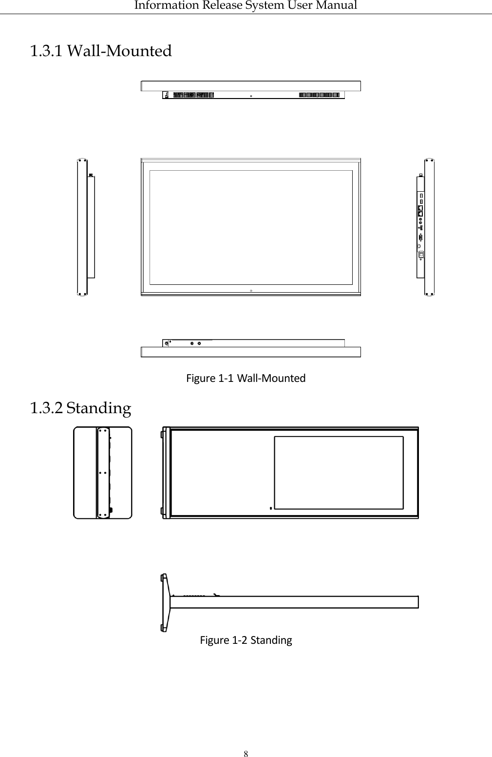 Information Release System User Manual 8 1.3.1 Wall-Mounted  Figure 1-1 Wall-Mounted 1.3.2 Standing  Figure 1-2 Standing 