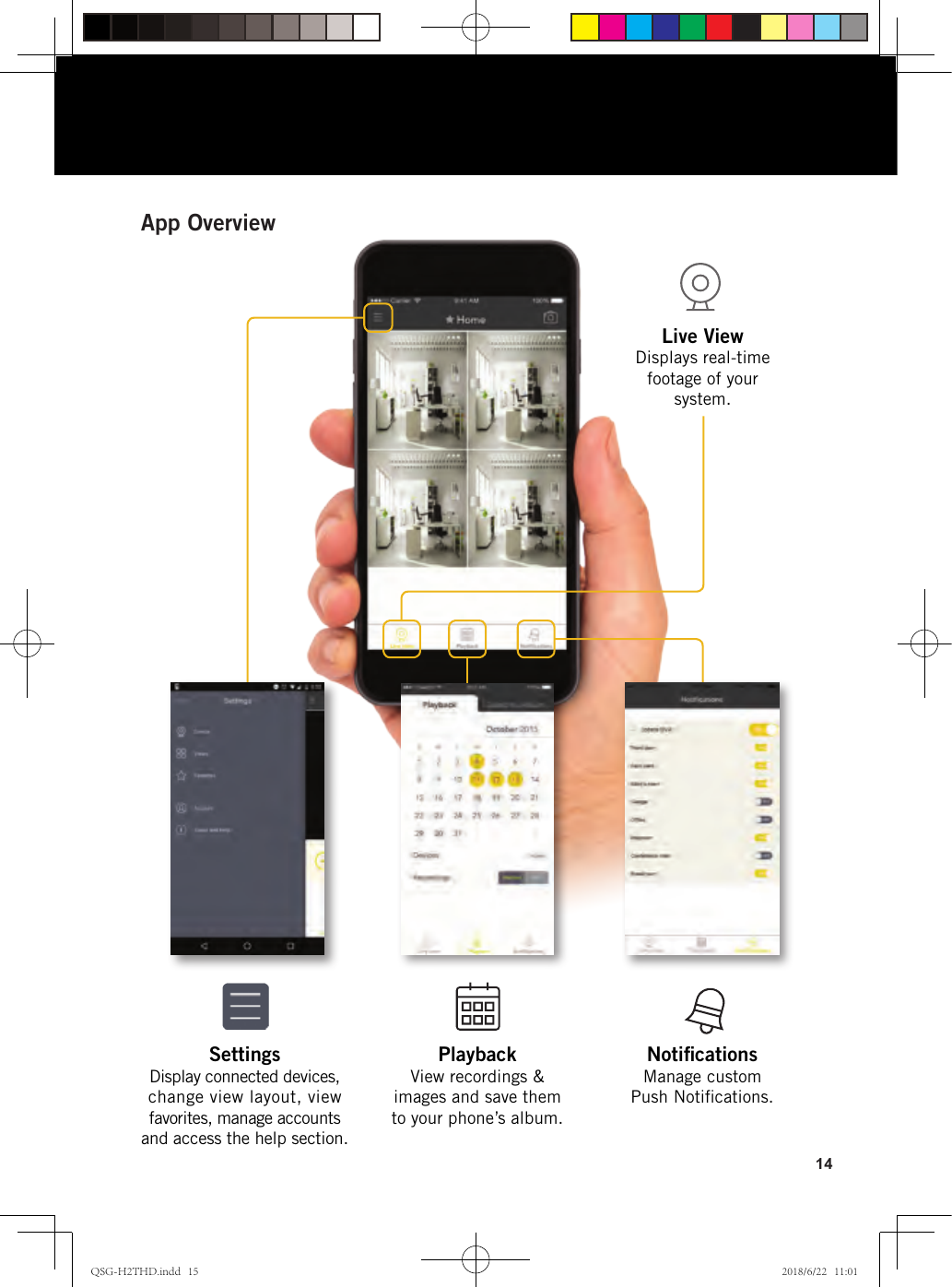 14Notiﬁcations  Manage custom  Push Notiﬁcations.Live View  Displays real-time footage of your system.Playback View recordings &amp;  images and save them to your phone’s album.Settings Display connected devices, change view layout, view favorites, manage accounts and access the help section.App OverviewQSG-H2THD.indd   15 2018/6/22   11:01