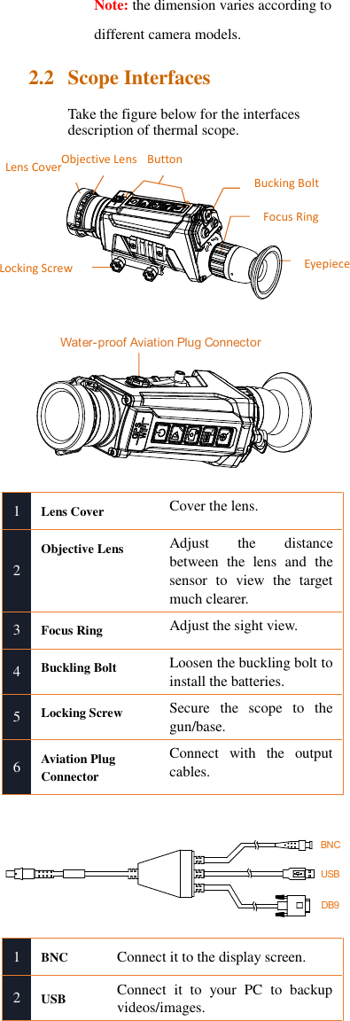 Note: the dimension varies according to different camera models.  2.2 Scope Interfaces Take the figure below for the interfaces description of thermal scope.   Water-proof Aviation Plug Connector 1 Lens Cover Cover the lens. 2 Objective Lens Adjust  the  distance between  the  lens  and  the sensor  to  view  the  target much clearer. 3 Focus Ring Adjust the sight view. 4 Buckling Bolt Loosen the buckling bolt to install the batteries. 5 Locking Screw Secure  the  scope  to  the gun/base. 6 Aviation Plug Connector Connect  with  the  output cables.  BNCUSBDB9 1 BNC Connect it to the display screen.   2 USB Connect  it  to  your  PC  to  backup videos/images. 视度调节圈眼罩锁紧螺母镜头盖按键手拧螺钉物镜Lens Cover Locking Screw Button Bucking Bolt Focus Ring Eyepiece  Objective Lens 