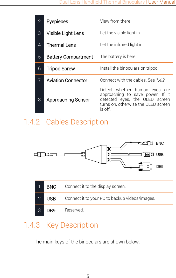 Dual-Lens Handheld Thermal Binoculars | User Manual  5  2 Eyepieces View from there. 3 Visible Light Lens Let the visible light in. 4 Thermal Lens Let the infrared light in. 5 Battery Compartment The battery is here. 6 Tripod Screw Install the binoculars on tripod. 7 Aviation Connector Connect with the cables. See 1.4.2. 8 Approaching Sensor Detect  whether  human  eyes  are approaching  to  save  power.  If  it detected  eyes,  the  OLED  screen turns on, otherwise the OLED screen is off. 1.4.2 Cables Description BNCUSBDB9 1 BNC Connect it to the display screen.   2 USB Connect it to your PC to backup videos/images. 3 DB9 Reserved. 1.4.3 Key Description The main keys of the binoculars are shown below.   